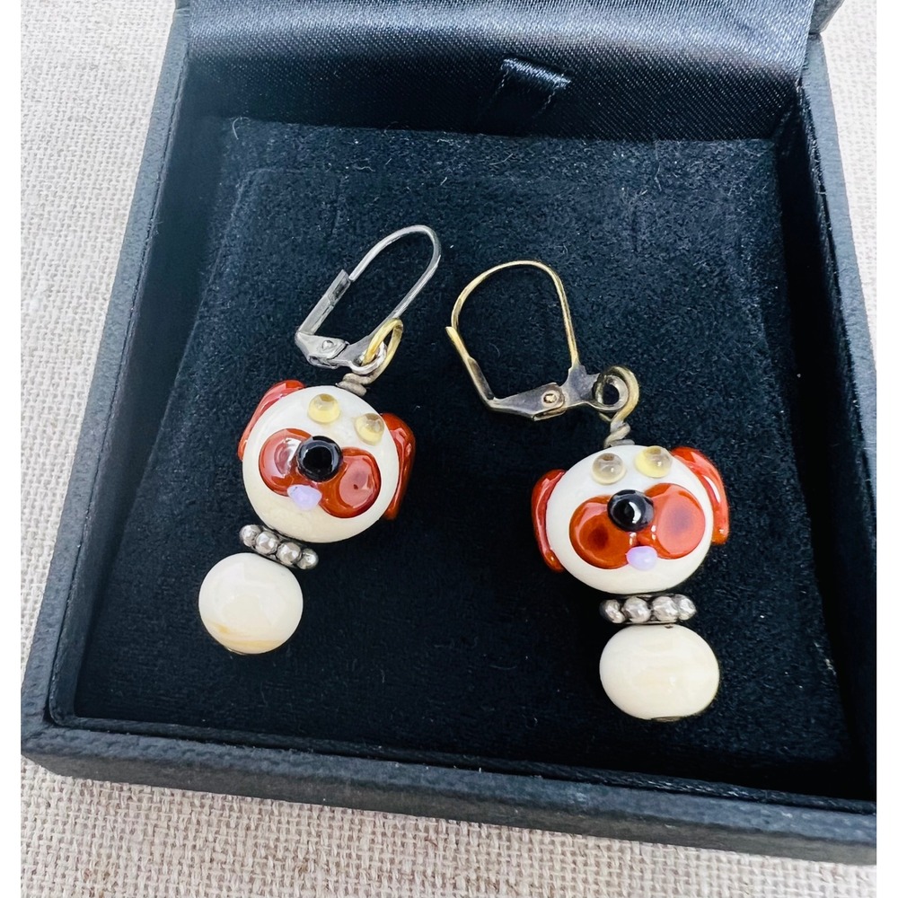 Artisan Lampwork Glass Dog Bead Earrings Whimsical Pug Leverback Dangles